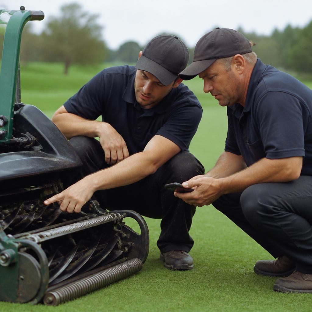 Two greenkeepers inspecting a mower cutting unit together